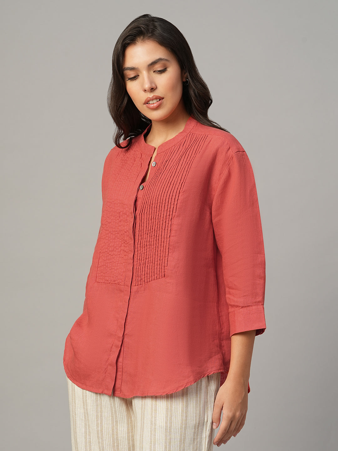 Women's Red 100% Linen Regular Fit Blouse