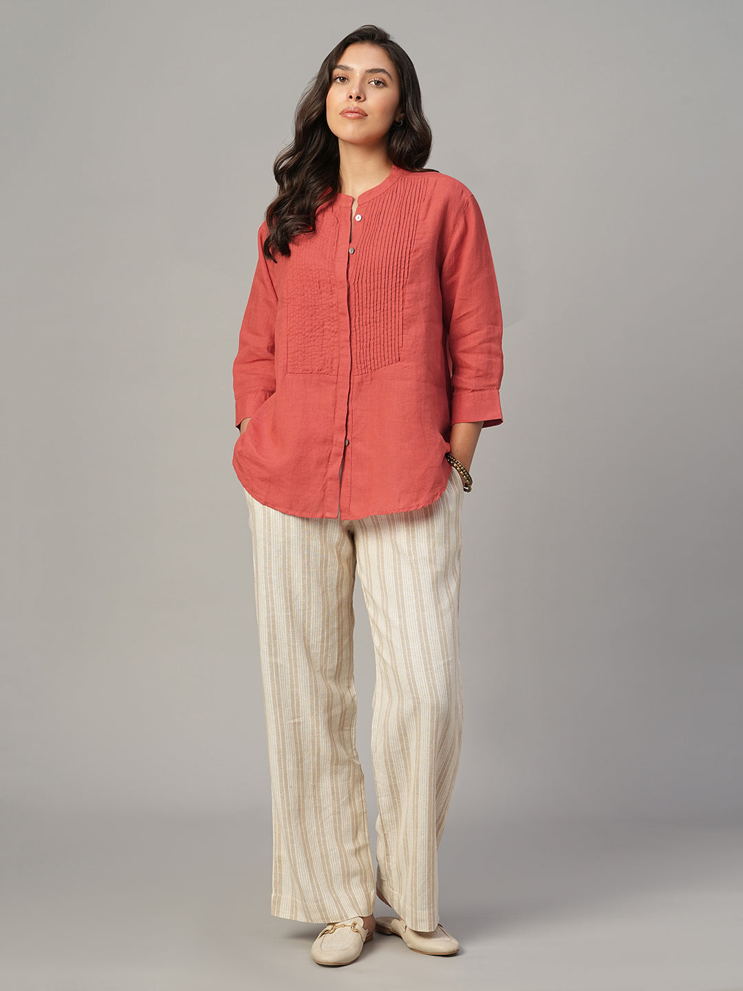 Women's Red 100% Linen Regular Fit Blouse