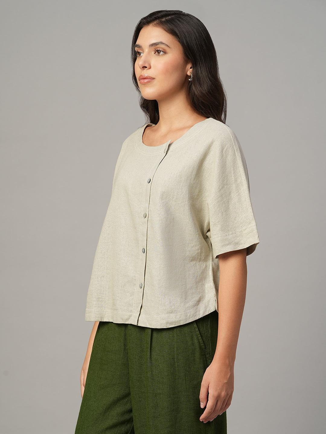 Women's Khaki Linen Viscose Regular Fit Blouse