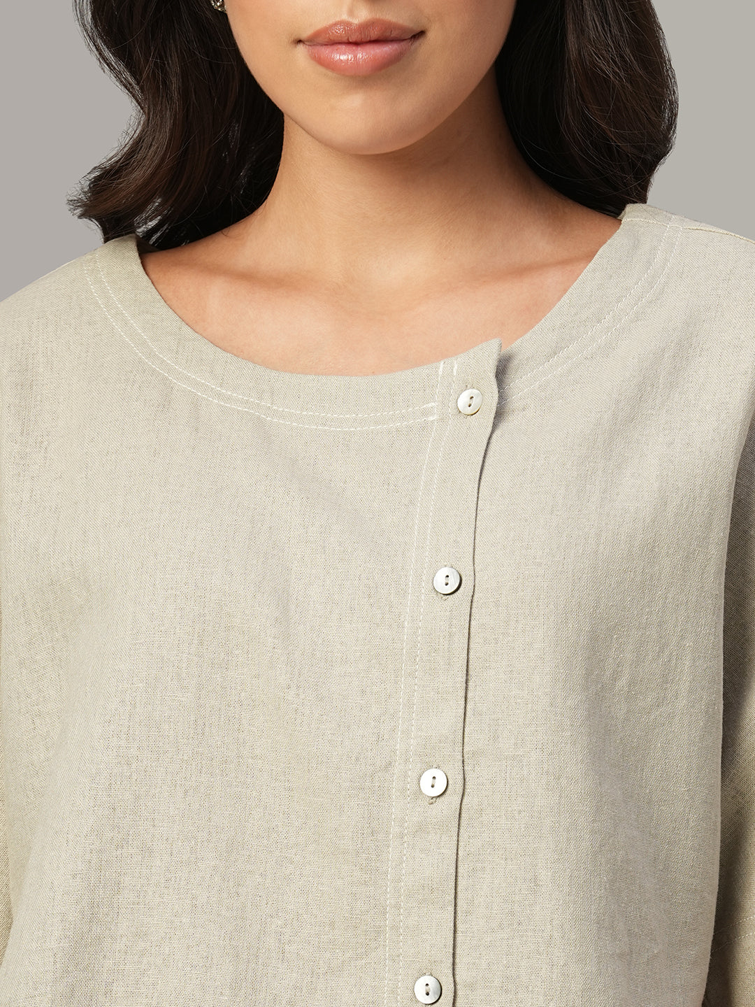 Women's Khaki Linen Viscose Regular Fit Blouse