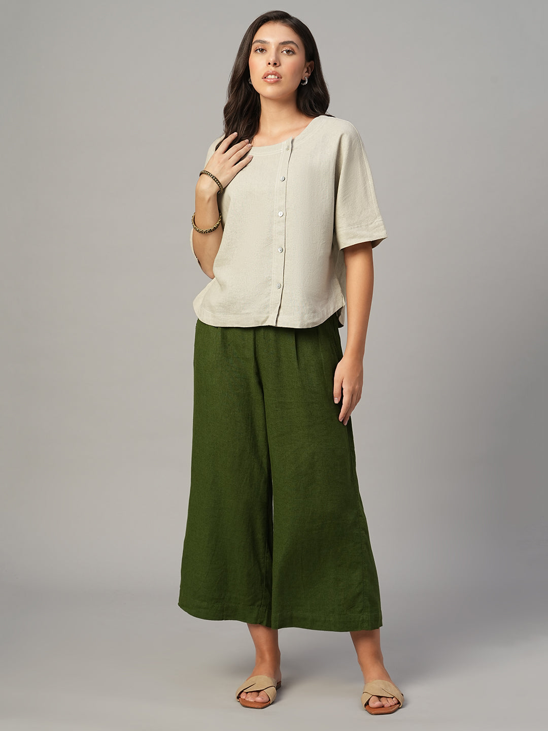 Women's Khaki Linen Viscose Regular Fit Blouse