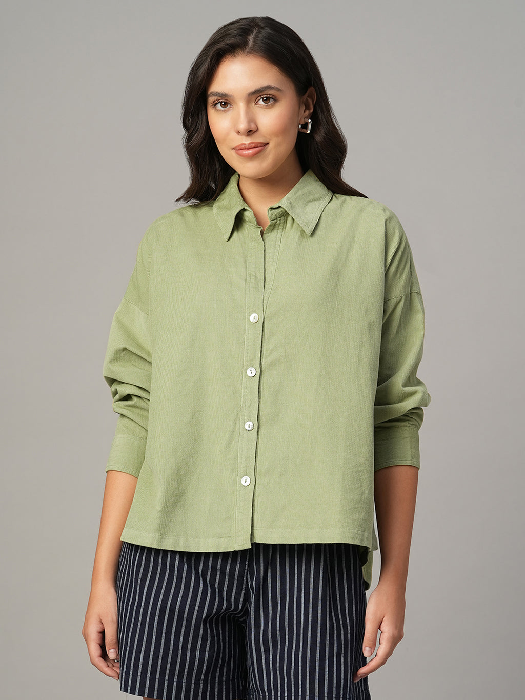 Women's Green 100% Cotton Boxy Fit Blouse
