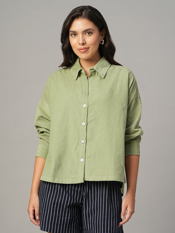 Women's Green 100% Cotton Boxy Fit Blouse