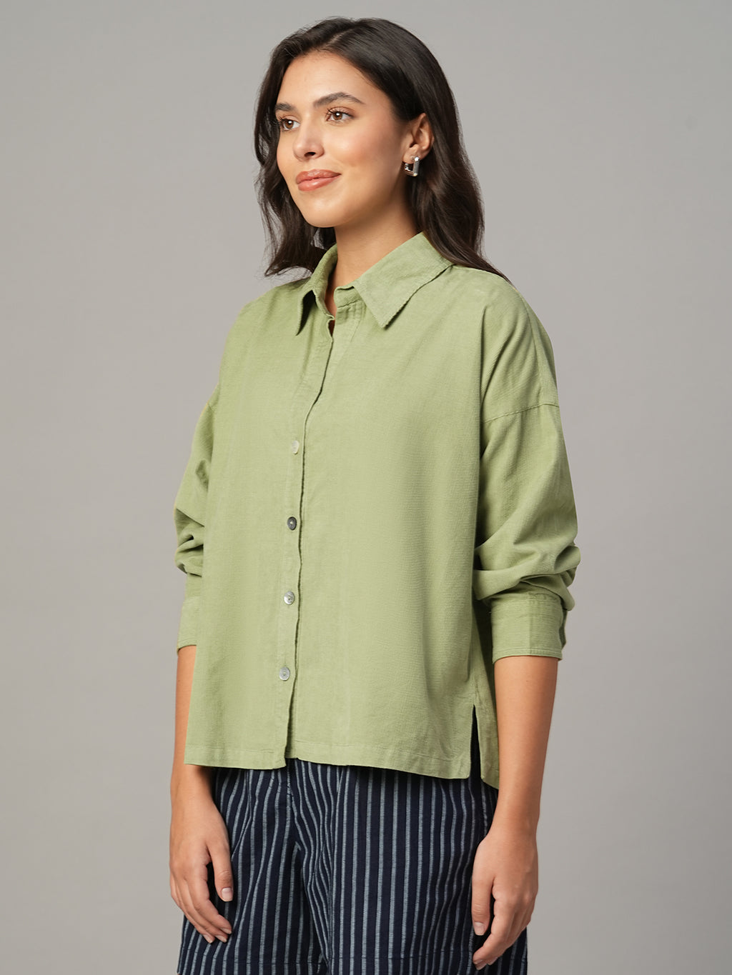Women's Green 100% Cotton Boxy Fit Blouse