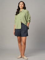 Women's Green 100% Cotton Boxy Fit Blouse