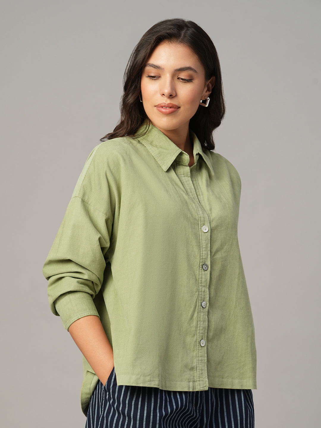 Women's Green 100% Cotton Boxy Fit Blouse