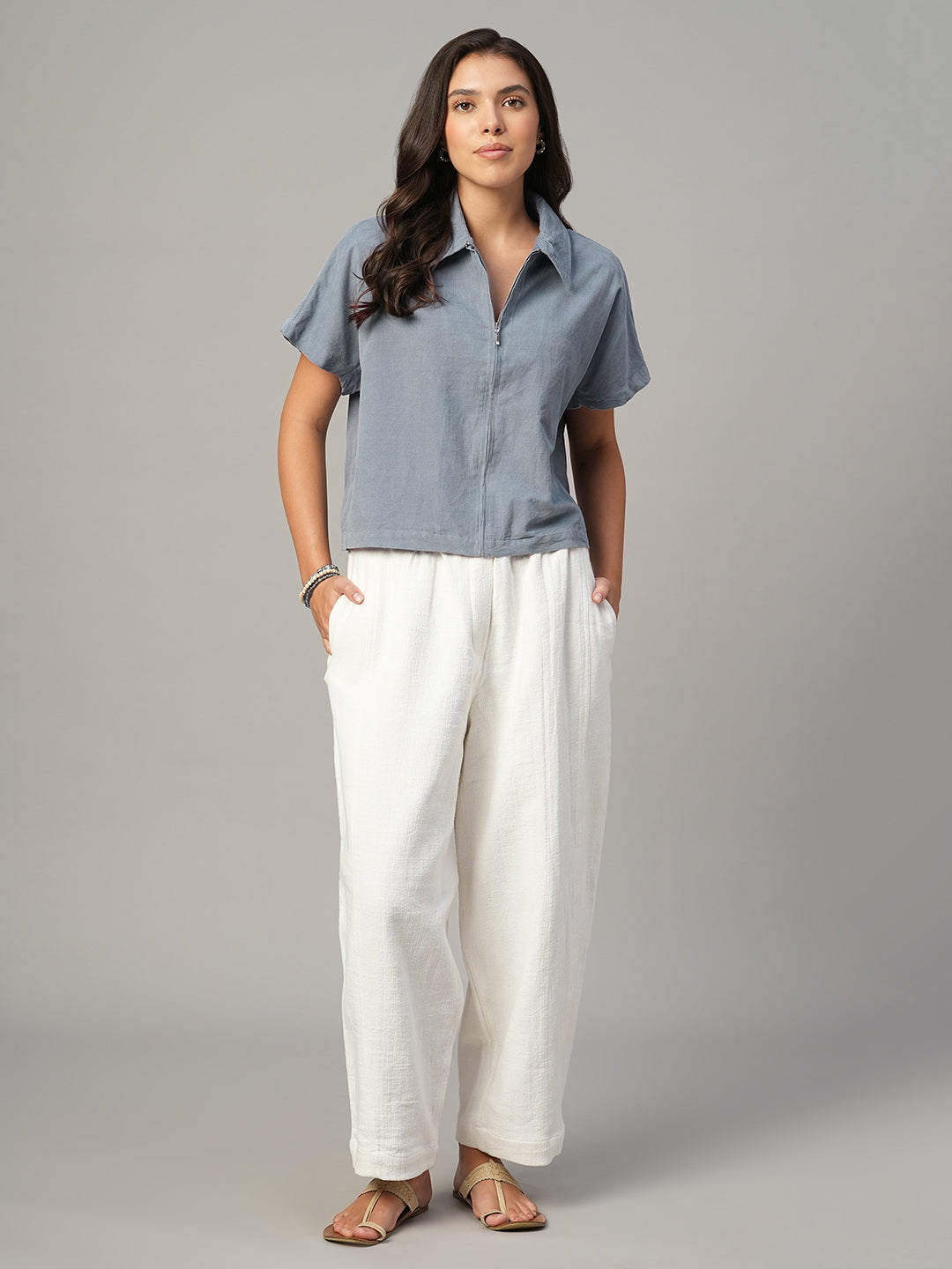 Women's Grey 100% Cotton Regular Fit Blouse