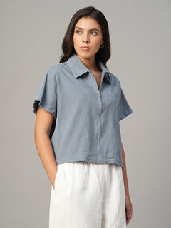 Women's Grey 100% Cotton Regular Fit Blouse