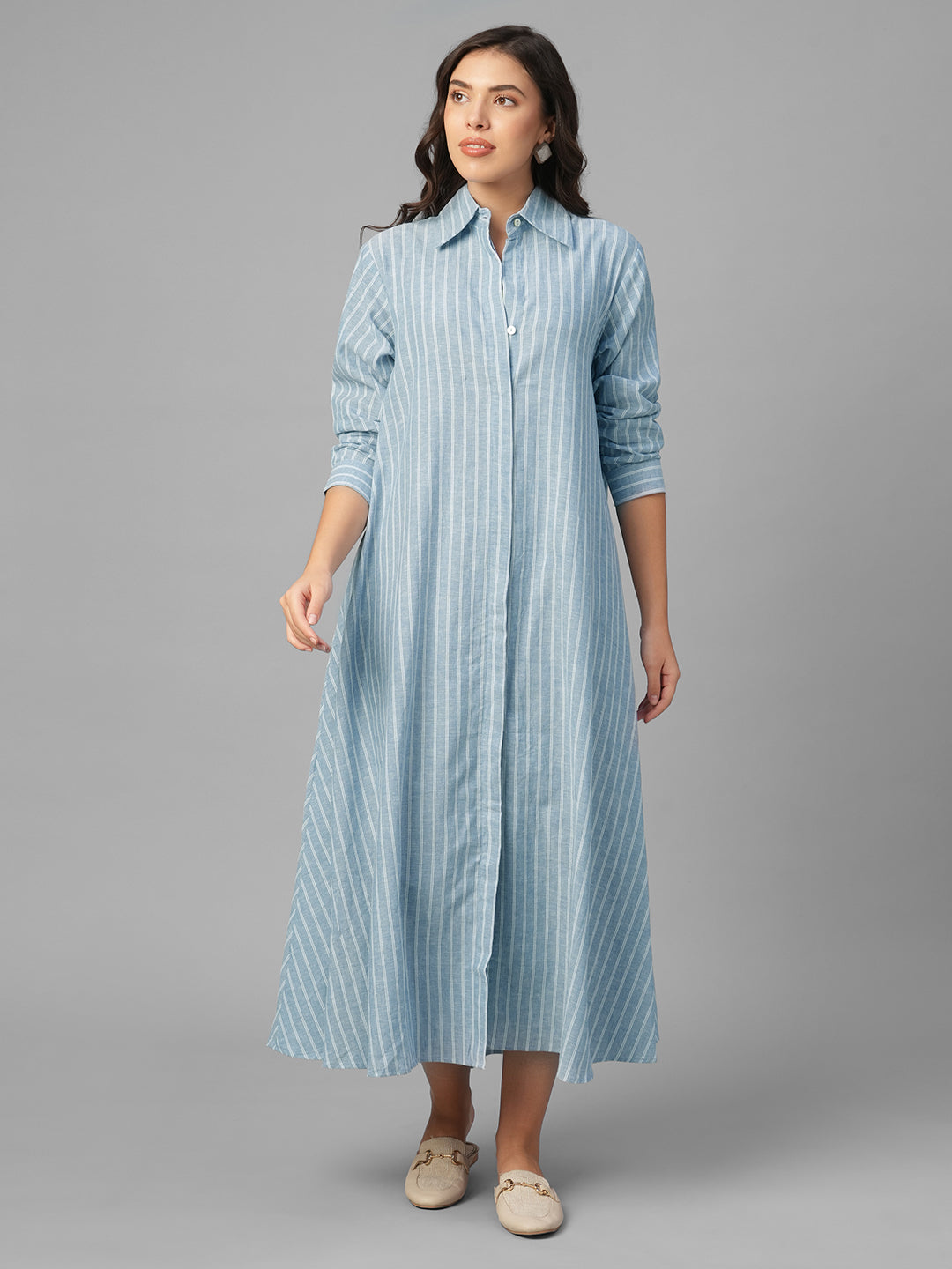 Women's Blue Linen Cotton Regular Fit Dress