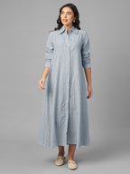 Women's Blue Linen Cotton Regular Fit Dress