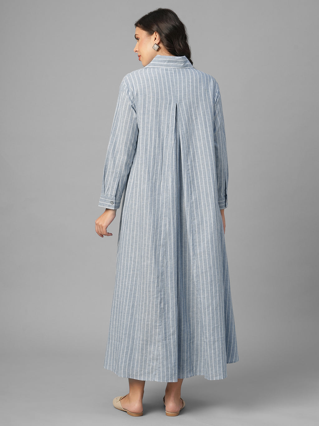 Women's Blue Linen Cotton Regular Fit Dress