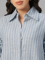 Women's Blue Linen Cotton Regular Fit Dress