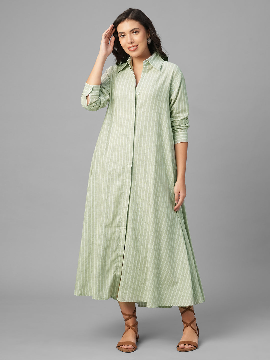 Women's Olive Linen Cotton Regular Fit Dress