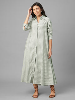 Women's Olive Linen Cotton Regular Fit Dress