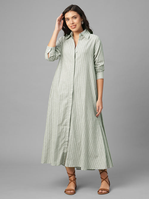 Women's Olive Linen Cotton Regular Fit Dress
