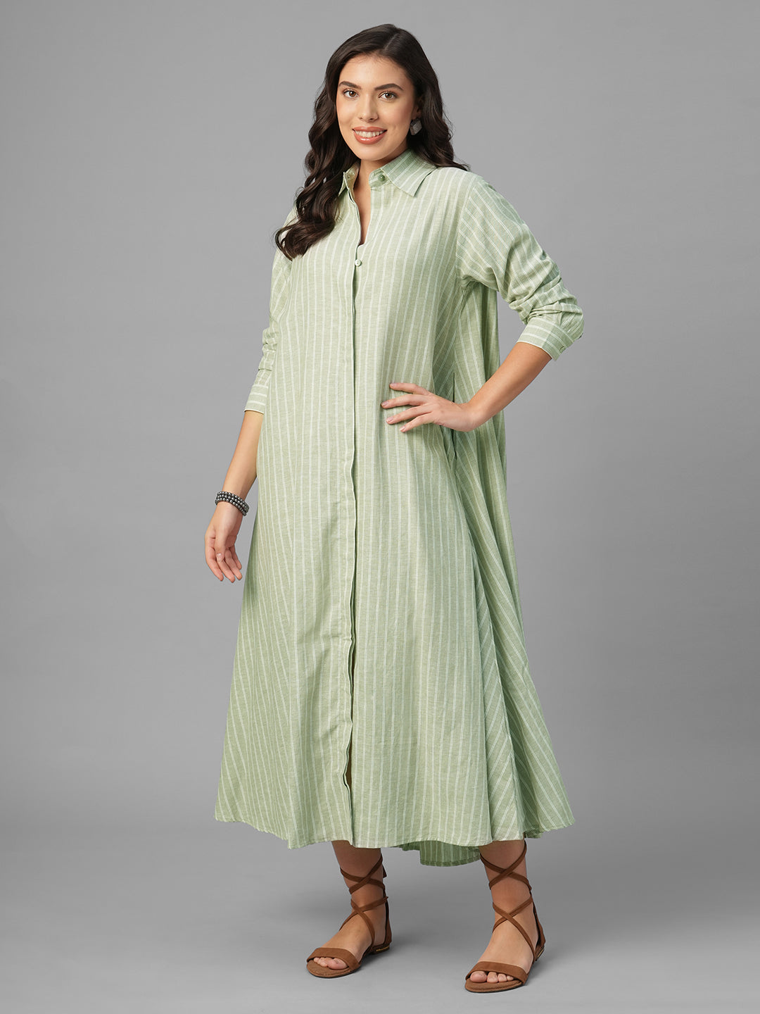 Women's Olive Linen Cotton Regular Fit Dress