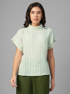 Women's Green 100% Linen Regular Fit Blouse