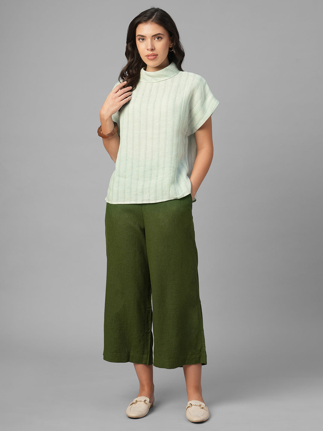 Women's Green 100% Linen Regular Fit Blouse