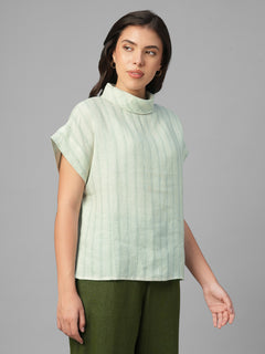 Women's Green 100% Linen Regular Fit Blouse