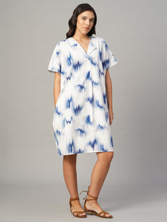 Women's Blue 100% Cotton Boxy Fit Dress