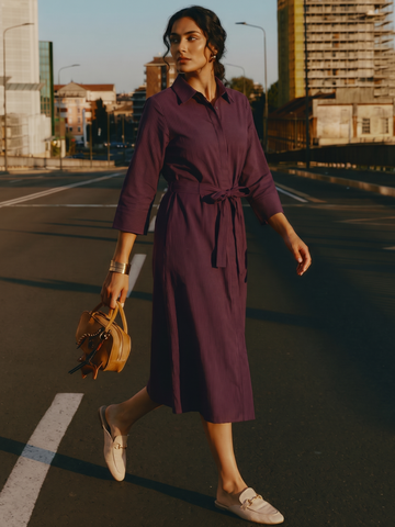 Women's Wine Cotton Lycra Regular Fit Dress