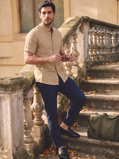 Men's Cotton Linen Regular Fit Shirt Khaki