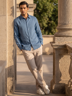 Men's Blue Tencel Linen Slim Fit Shirt