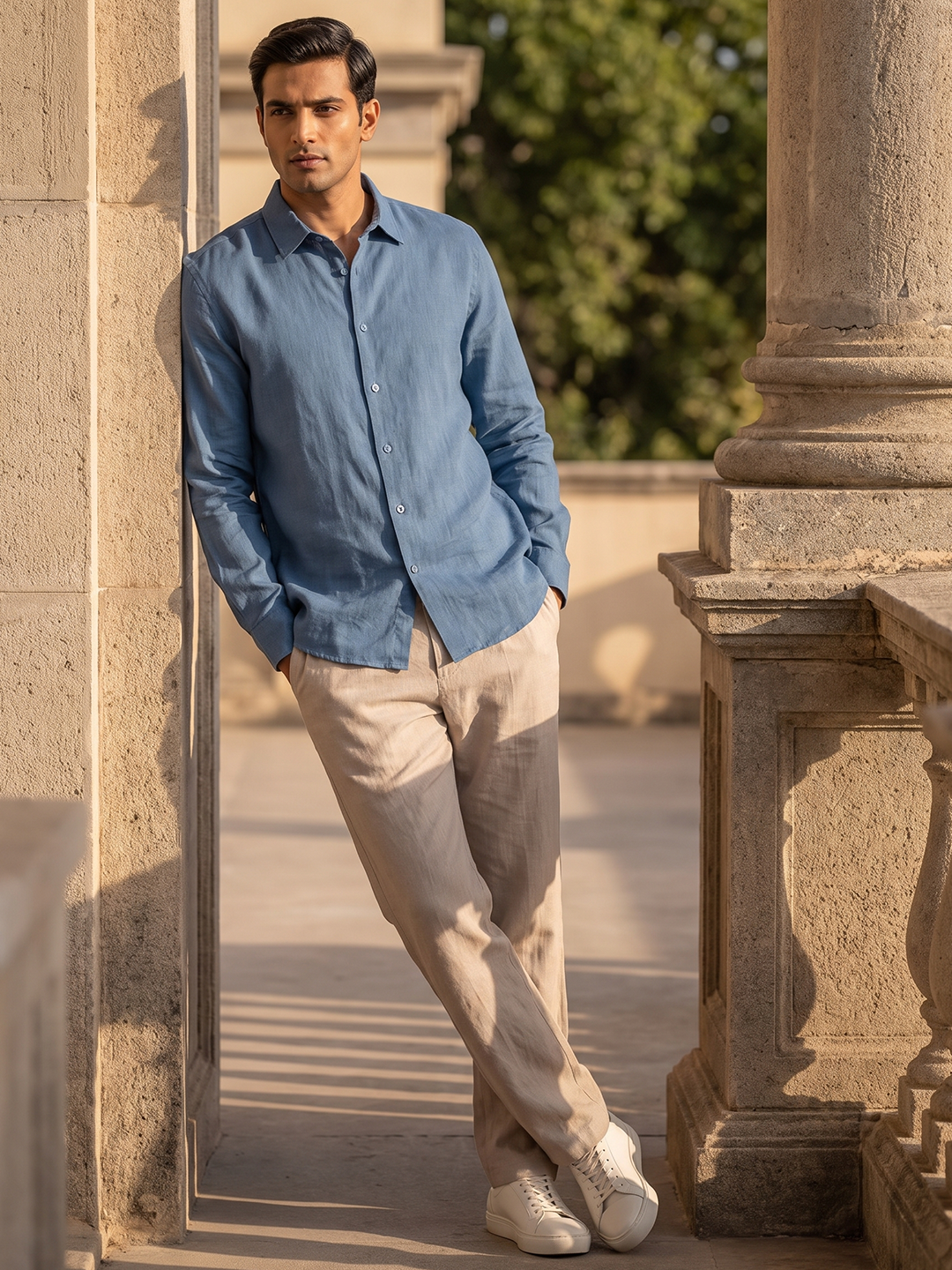 Men's Blue Tencel Linen Slim Fit Shirt