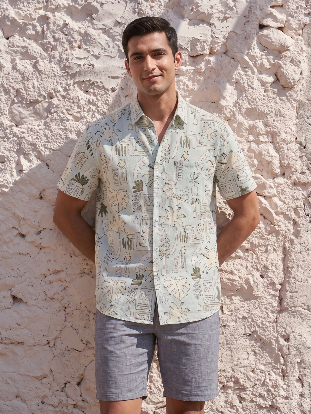Men's Cotton Linen Regular Fit Shirt Green