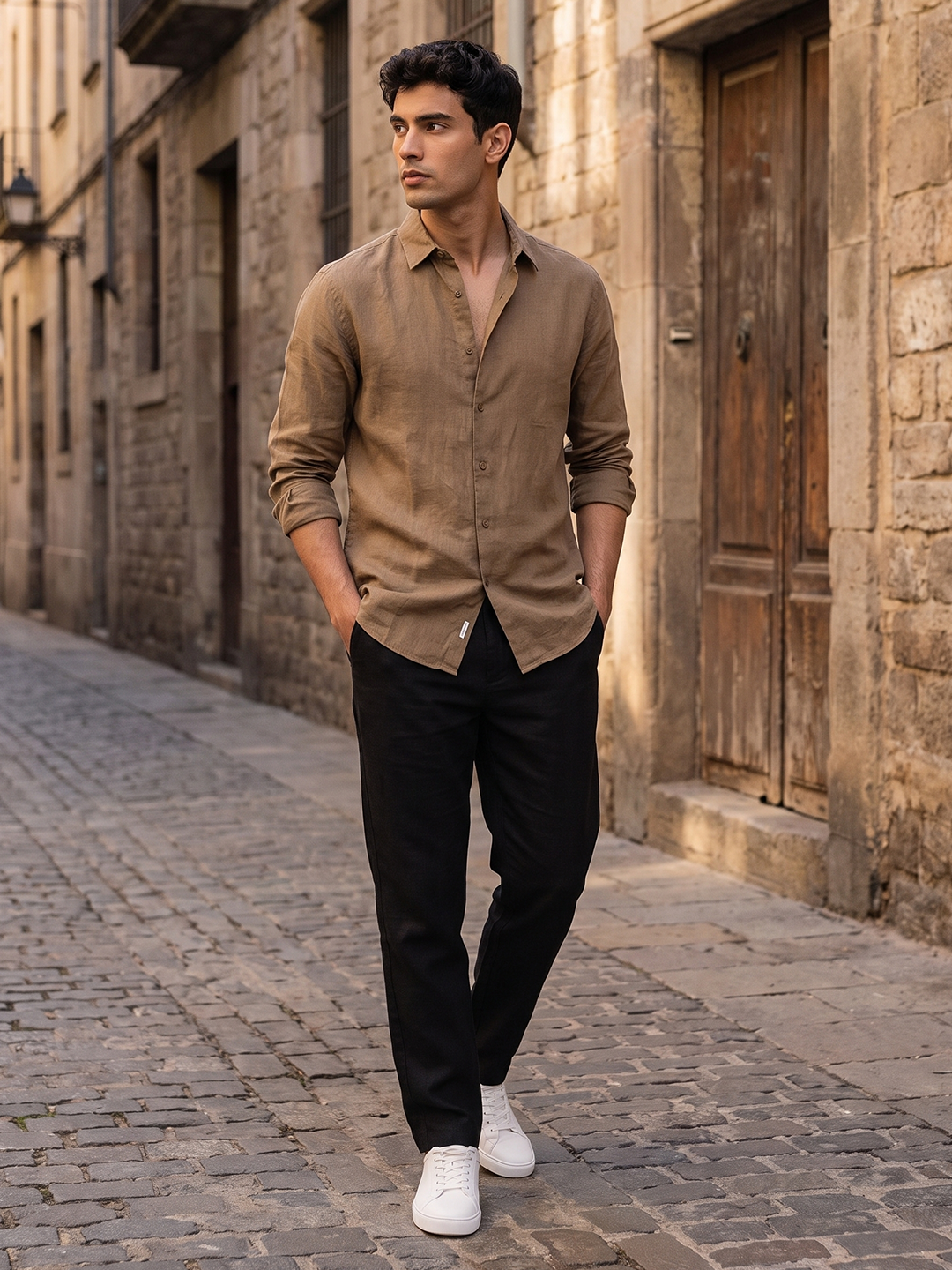 Men's Khaki Tencel Linen Slim Fit Shirt