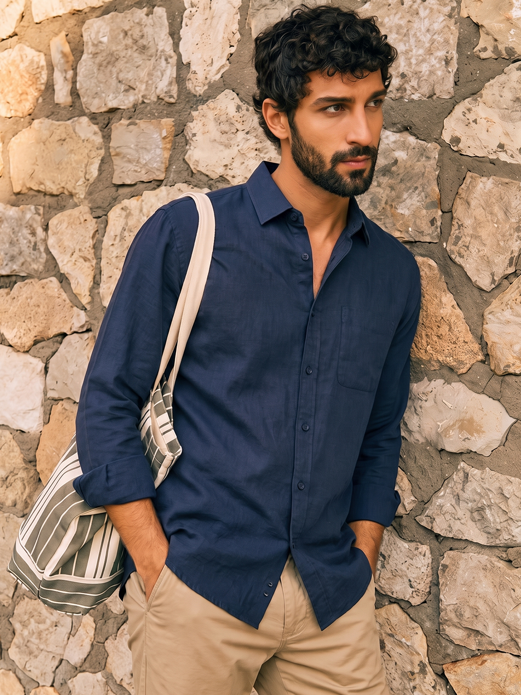 Men's Navy Cotton Linen Regular Fit Shirt