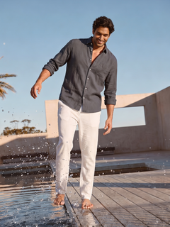 Men's Navy 100% Linen Regular Fit Shirt