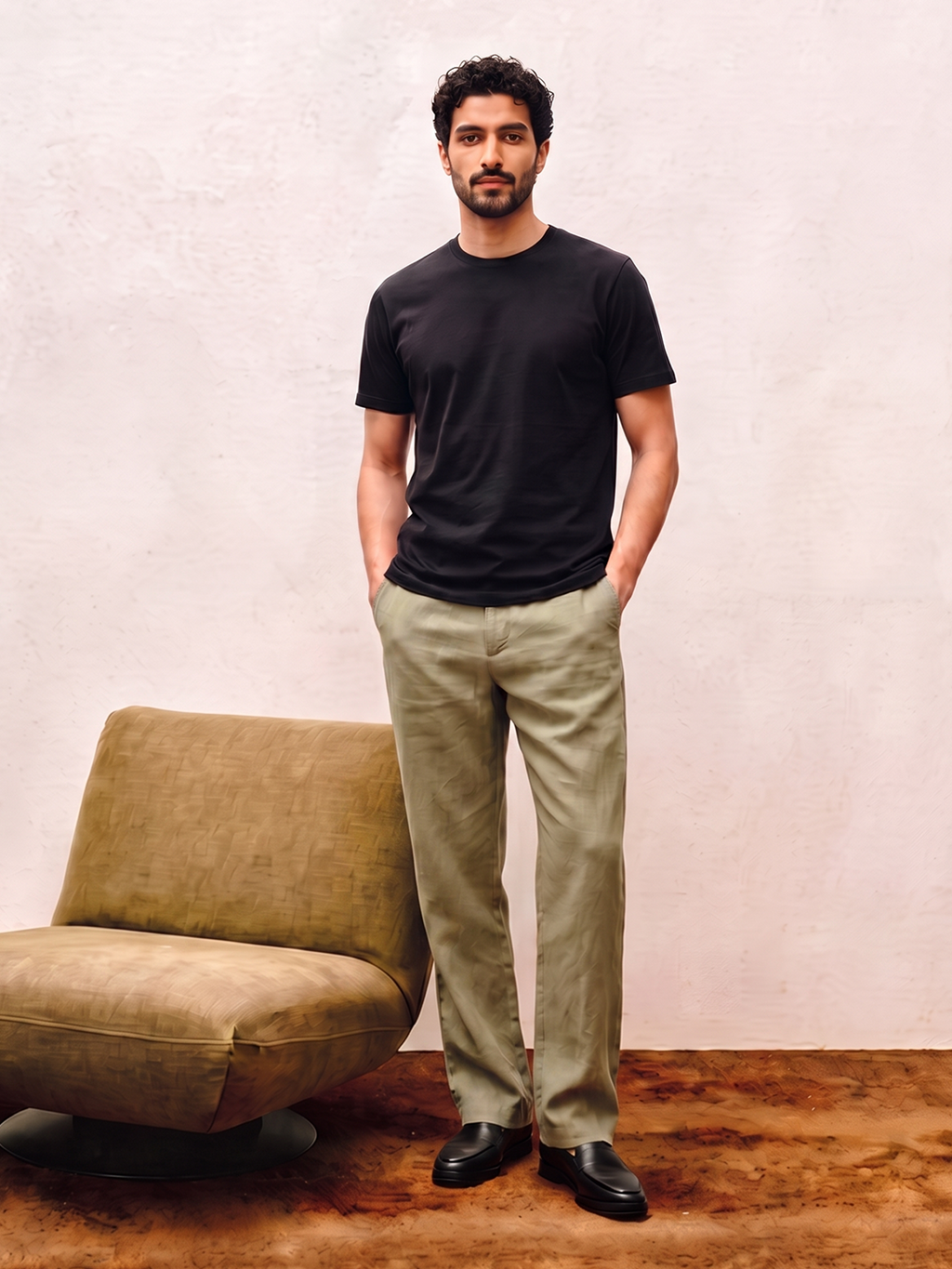 Men's Olive 100% Linen Regular Fit Pant