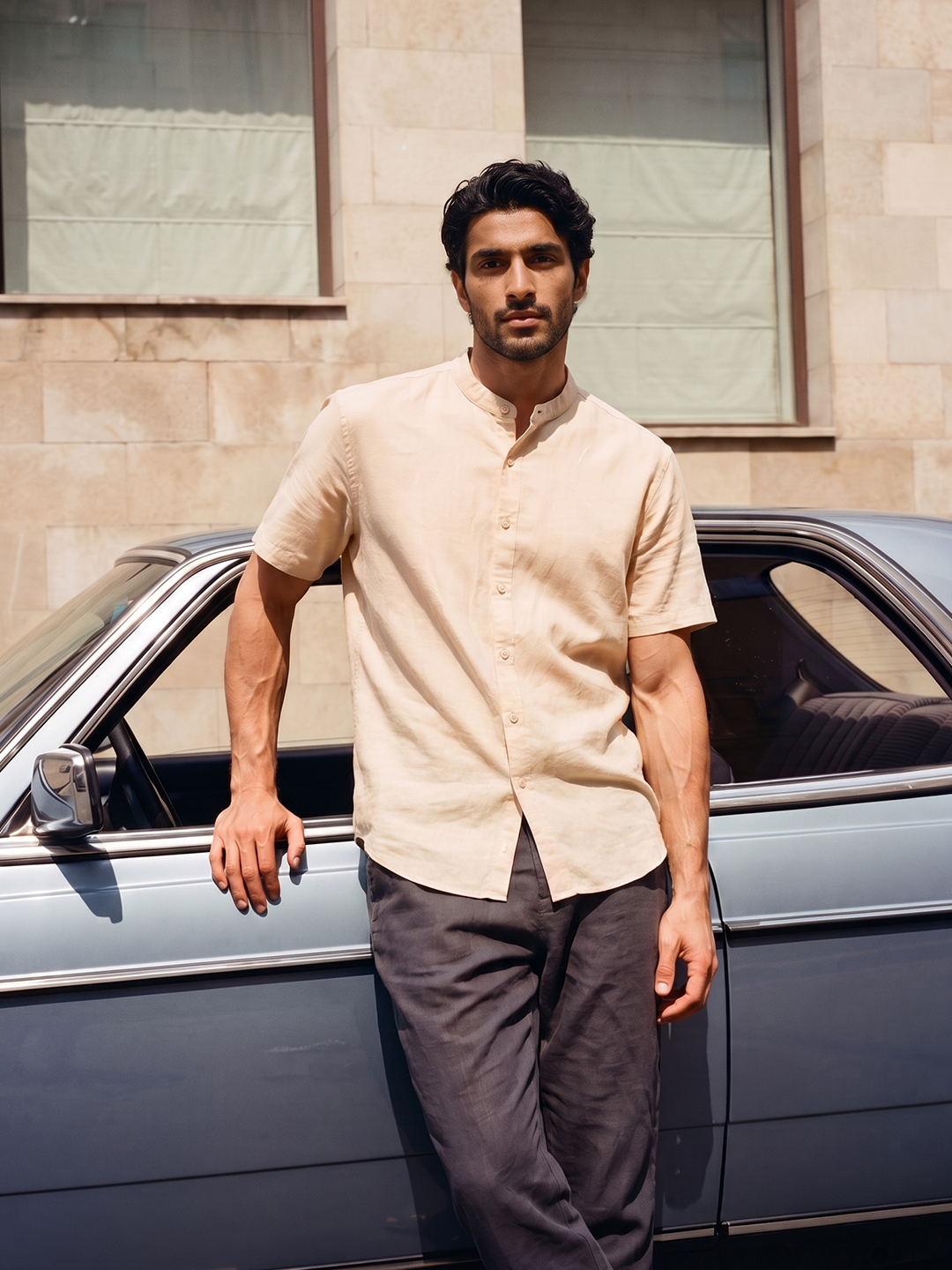 Men's Cotton Linen Regular Fit Shirt Peach