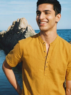 Men's Linen Cotton Regular Fit Shirt Mustard