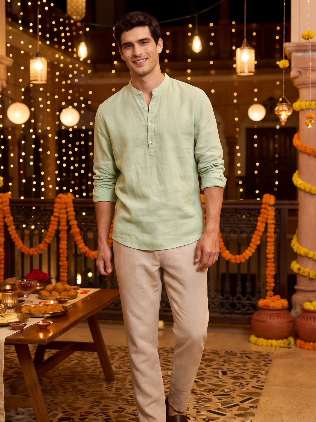 Men’s Tencel Linen Regular Fit Shirt Band Neck Green