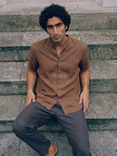 Men's Cotton Linen Regular Fit Shirt Brown