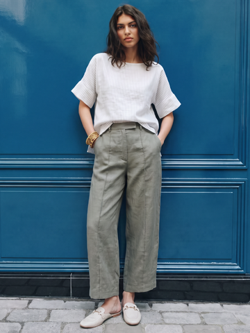 Women's Beige 100% Linen Boxy Fit Blouse