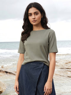 Women's Grey Cotton Elastane Regular Fit Tshirt