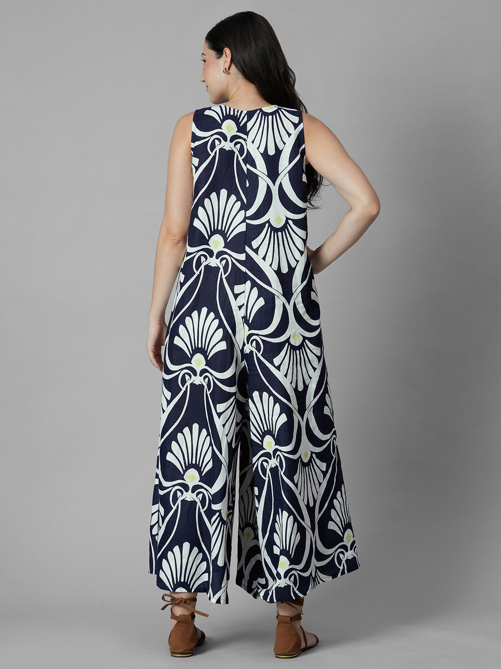 Women's Navy 100% Linen Regular Fit Jumpsuit