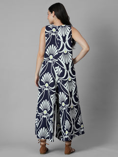 Women's Navy 100% Linen Regular Fit Jumpsuit