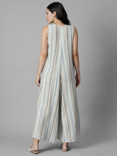 Women's Cream Linen Viscose Regular Fit Jumpsuit