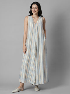 Women's Cream Linen Viscose Regular Fit Jumpsuit