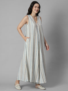 Women's Cream Linen Viscose Regular Fit Jumpsuit