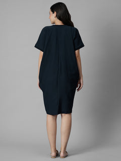 Women's Navy Cotton Elastane Boxy Fit Knit Dress
