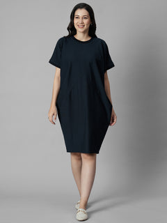 Women's Navy Cotton Elastane Boxy Fit Knit Dress