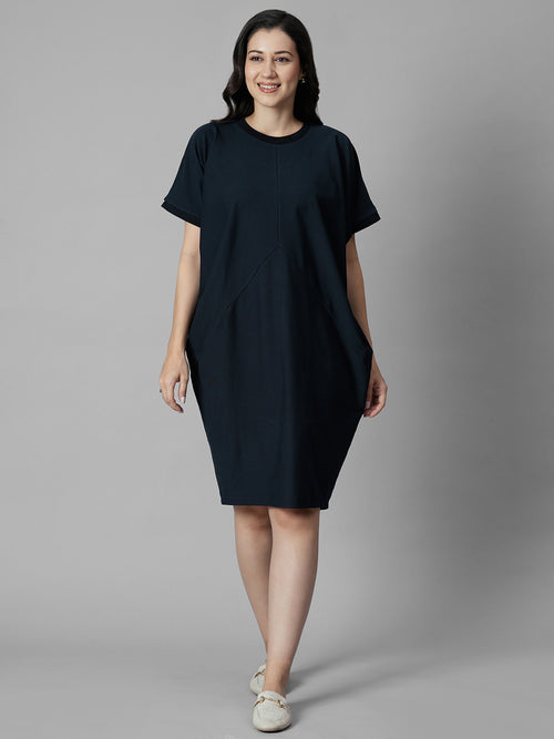 Women's Navy Cotton Elastane Boxy Fit Knit Dress