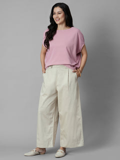 Women's Beige Cotton Lycra Regular Fit Pant