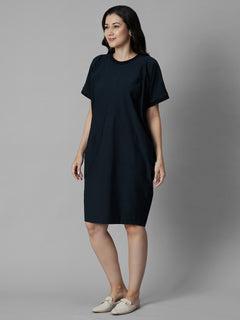 Women's Navy Cotton Elastane Boxy Fit Knit Dress