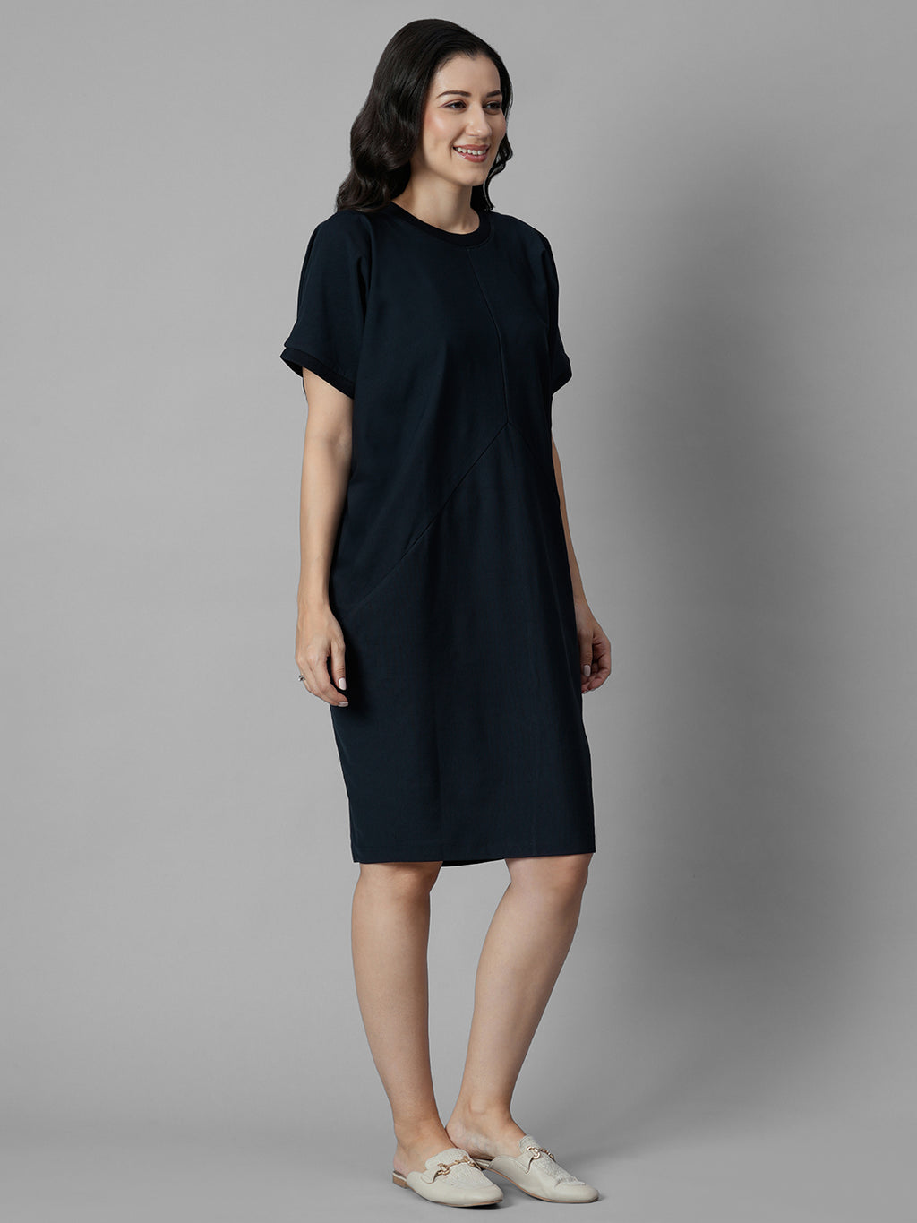 Women's Navy Cotton Elastane Boxy Fit Knit Dress